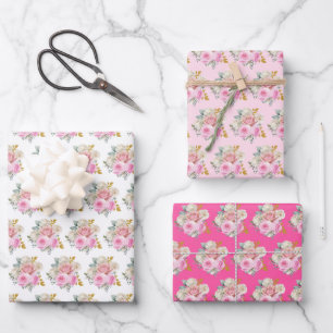 Helle rosa und goldene elegante Blumen  Geschenkpapier Set