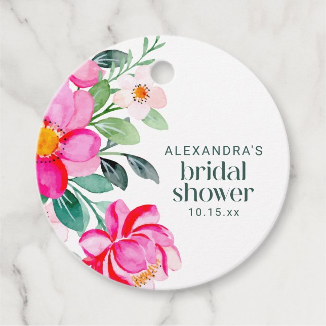 Helle rosa Wasserfarbe Floral Hochzeitsshower Cust Geschenkanhänger (Vorderseite)