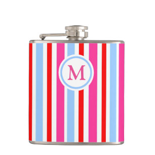 Helle rot-blaue Candy-Streifen mit Monogramm Flachmann
