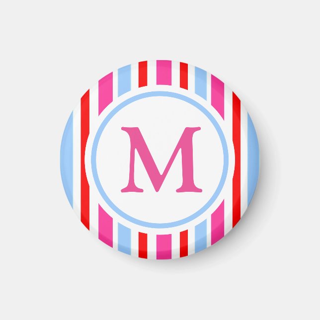 Helle rot-blaue Candy-Streifen mit Monogramm Magnet (Vorne)