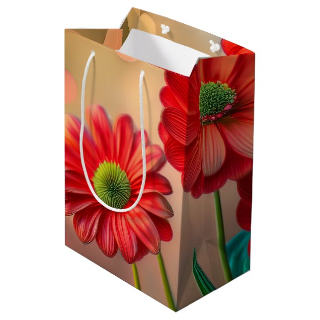 Helle rote Margeritenblumen Mittlere Geschenktüte (Rückseite Schrägansicht)