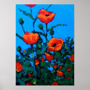 Helle rote Mohnblumen: Blauer Himmel: Ölgemälde Poster