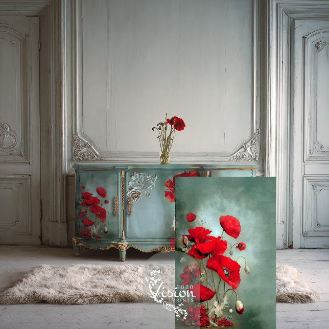 Helle rote Poppies Türkis Aquamarin Seidenpapier (Vibrant Poppies, Botanical Art, Red and turquoise teal, long stem flowers decoupage tissue paper.)