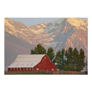 Helle rote Scheune vor den Mission Mountains in Fotodruck
