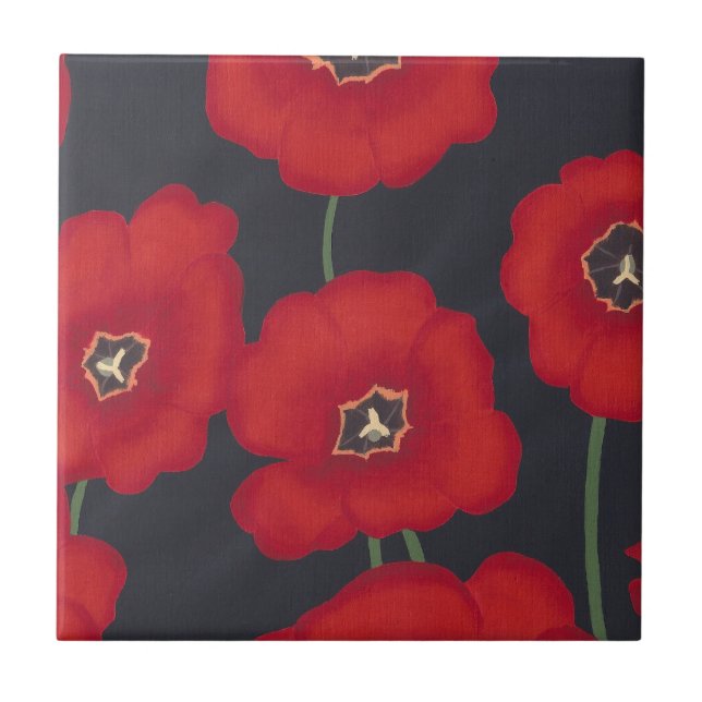 Helle rote Tulips auf schwarz, Trivets Fliese (Vorderseite)