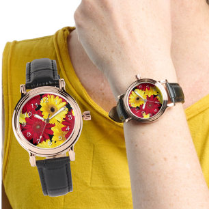 Helle rote und gelbe Gerber Gänseblümchen Armbanduhr
