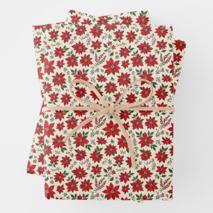 Helle rote Weihnachtssterne Geschenkpapier Set