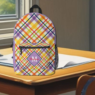 Helle Schulkariert lila Monogramm Bedruckter Rucksack
