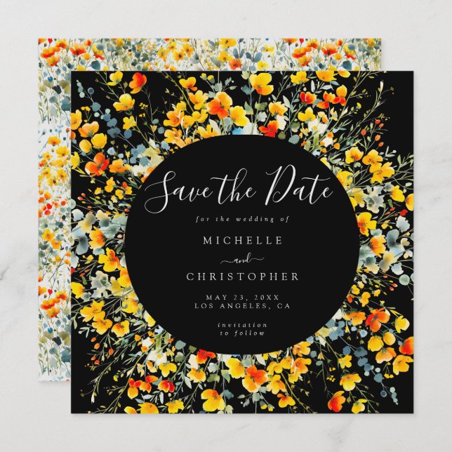 Helle Schwarze Flora Square Hochzeit Save The Date (Vorne/Hinten)