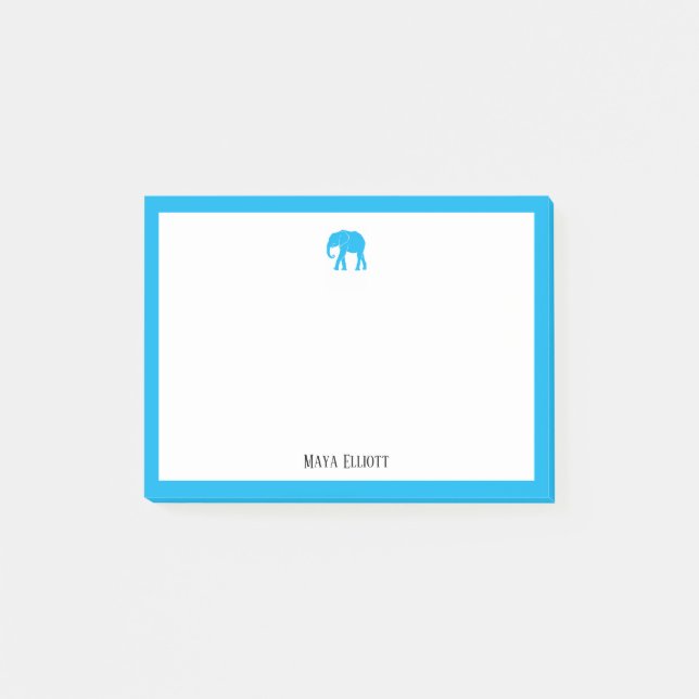 Helle Sky Blue Elephant & Border auf Weiß mit Name Post-it Klebezettel (Vorderseite)