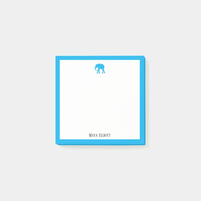 Helle Sky Blue Elephant und Border on White, Name Post-it Klebezettel (Vorderseite)