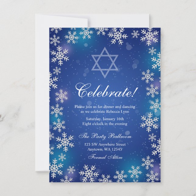 Helle Snowflake Blue Winter Bat Mitzvah Empfang Einladung (Vorderseite)