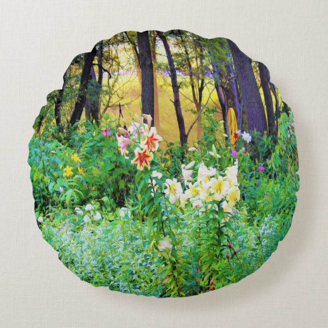 Helle Sonnenaufgänge mit Tree Lilis in meinem Rubi Rundes Kissen (Vorderseite)