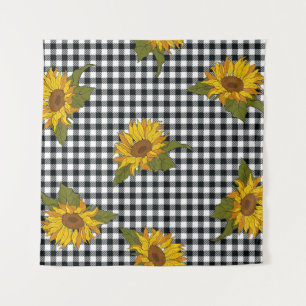 Helle Sonnenblumen auf einem schwarz-weißen Büffel Wandteppich