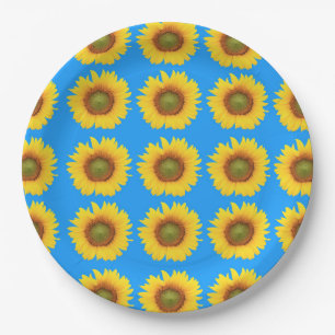 Helle Sonnenblumen Blaues Muster Pappteller