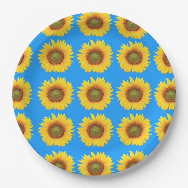 Helle Sonnenblumen Blaues Muster Pappteller (Vorderseite)