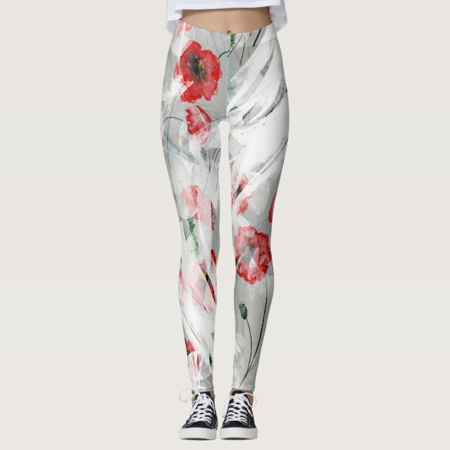 Helle Splash Red Poppe Wasserfarbe Leggings (Vorderseite)