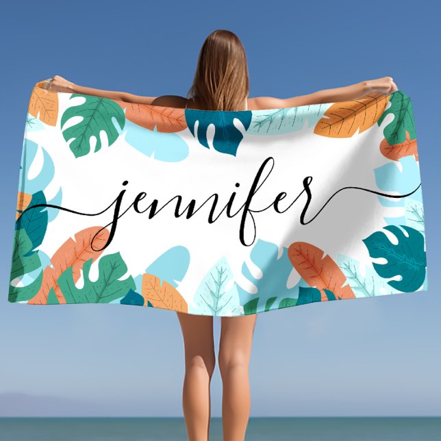 Helle tropische Blätter Personalisierter Name Strandtuch (Bright Tropical Leaves Personalized Name Beach Towel)
