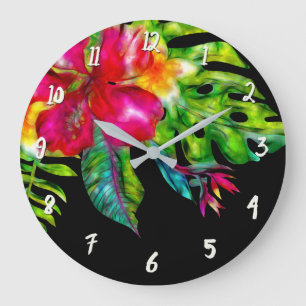 Helle tropische Blütenfarbe Hibiskus & Blätter Große Wanduhr