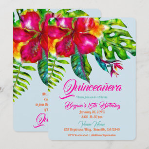 Helle tropische Hibiskus Blätter Quinceañera Einladung