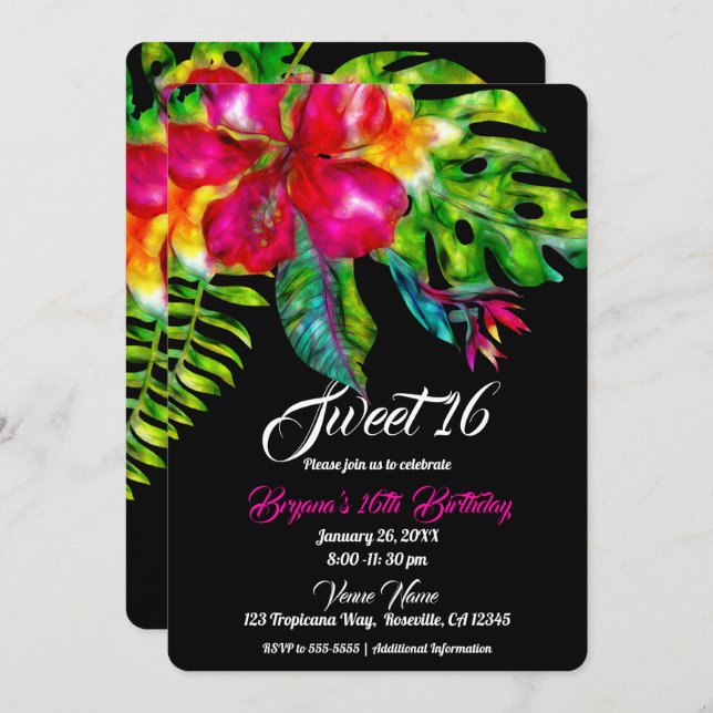 Helle tropische Hibiskus und Blätter Süß 16 Einladung (Vorne/Hinten)