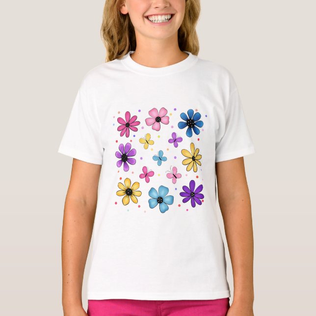 Helle und farbenfrohe Blume und Schmetterlinge T-Shirt (Vorderseite)