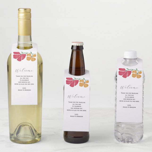 Helle und farbenfrohe Hotelgäste Begrüßung Flaschenanhänger (Beispiel)