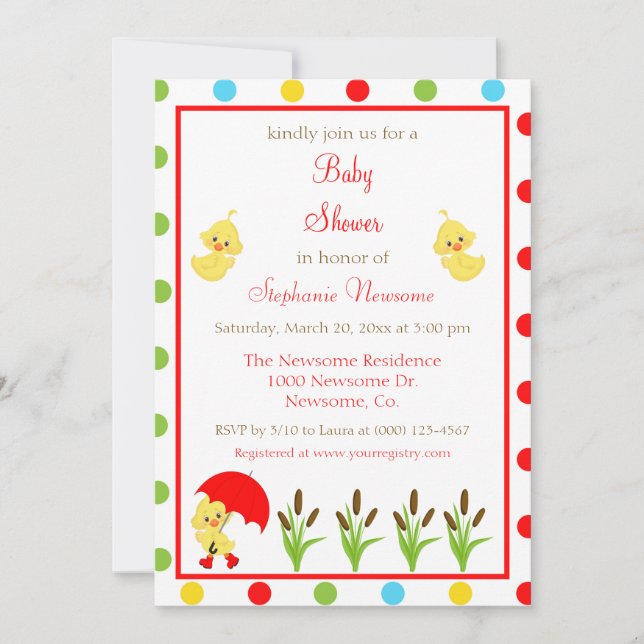 Helle und farbenfrohe Polka Dots Babydusche Einladung (Vorderseite)