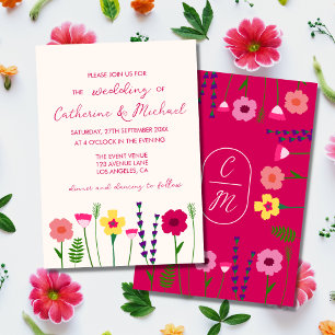 Helle und fette Fuchsia Pink-Floral-Monogramm-Hoch Einladung