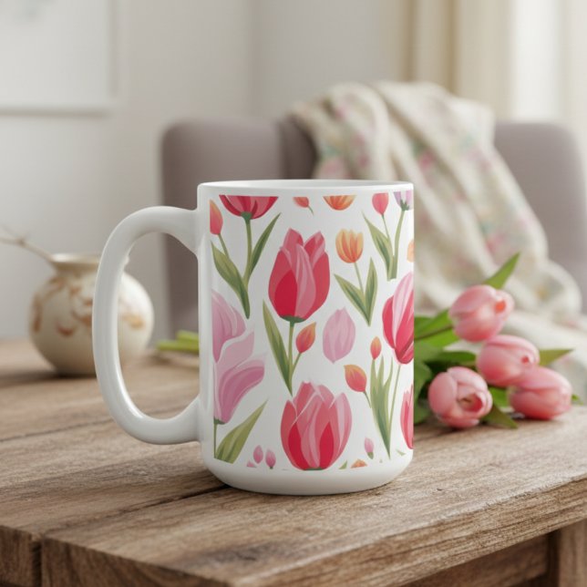 Helle und fröhliche Frühlingswasserfarbe Rosa Tulp Kaffeetasse (Bright And Cheery Spring Watercolor Pink Tulips Coffee Mug)