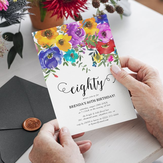 Helle und kühne Florals zum 80. Geburtstag Einladung (Von Creator hochgeladen)
