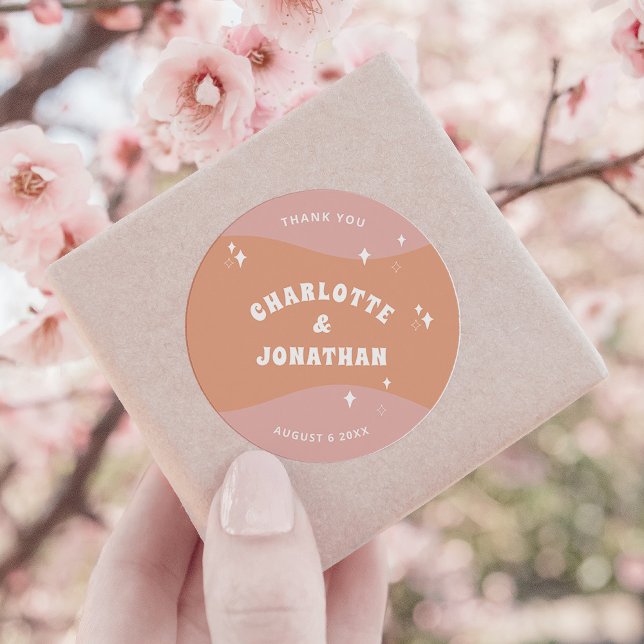 Helle und kühne moderne Retro-Hochzeit Runder Aufkleber (Von Creator hochgeladen)