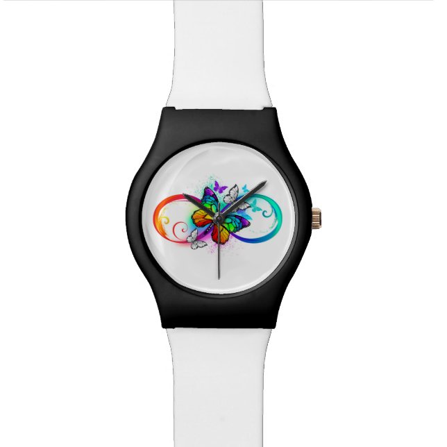 Helle Unendlichkeit mit Regenbogenschmetterling Armbanduhr (Nahaufnahme)
