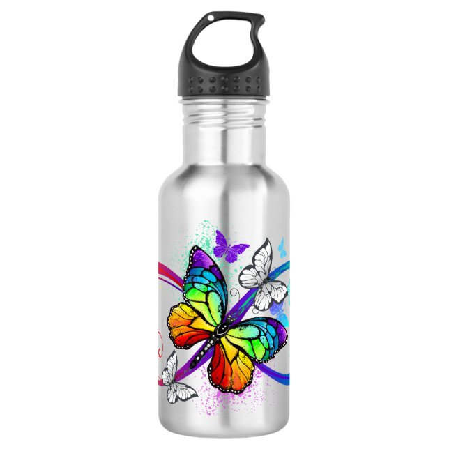 Helle Unendlichkeit mit Regenbogenschmetterling Edelstahlflasche (Vorderseite)