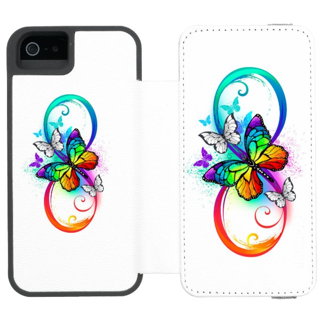 Helle Unendlichkeit mit Regenbogenschmetterling Incipio iPhone Geldbeutel-Hülle (Folio Geöffnet)