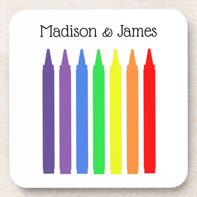 Helle Wachskrammen in Regenbogenfarben, Ihr Name Getränkeuntersetzer (Vorderseite)