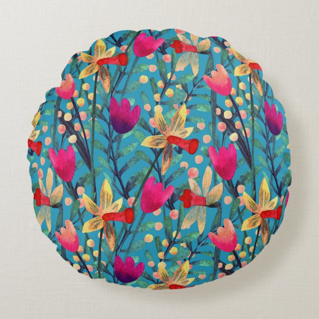 Helle Wasserfarbe: florennahes Design. Rundes Kissen (Vorderseite)