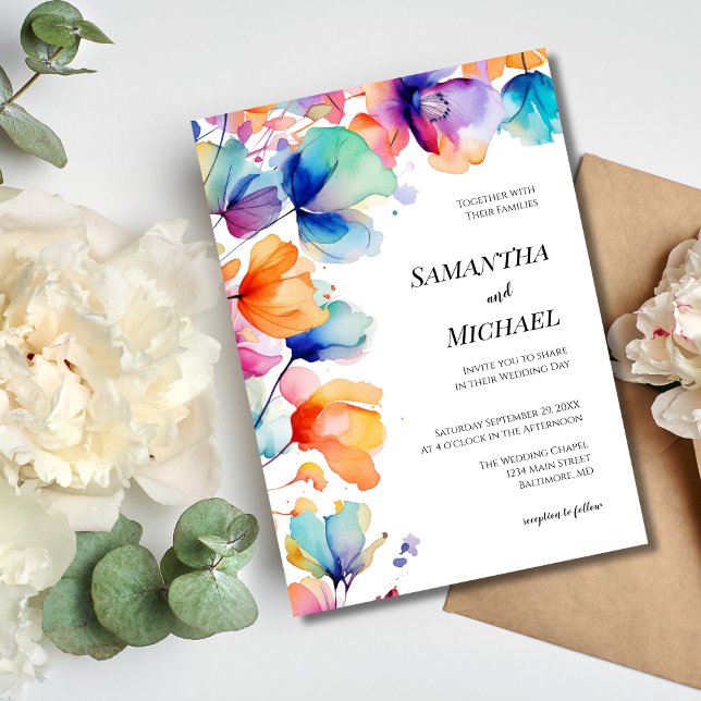 Helle Wasserfarben Blumen Moderne Elegante Hochzei Einladung (Bright Bold Watercolor Floral Modern Elegant Wedding Invitation)