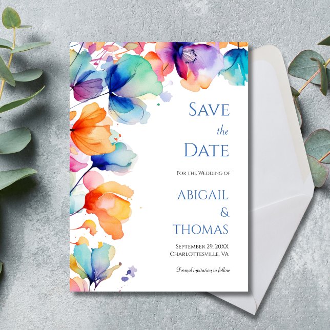 Helle Wasserfarben Blumen Moderne Elegante Hochzei Save The Date (Bright Floral Watercolor Modern Elegant Wedding Save The Date Card)