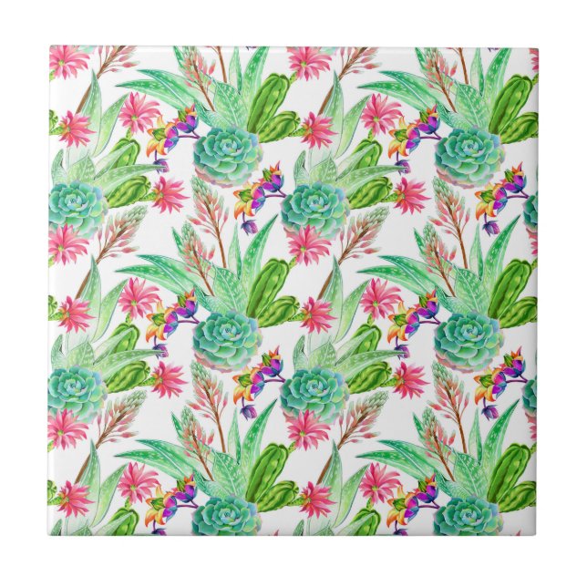 Helle Wasserfarbenkakteen und Sukkulente Muster Fliese (Vorderseite)