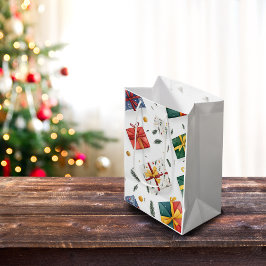 Helle Weihnachts-Geschenkboxen & Evergreen Blätter Mittlere Geschenktüte