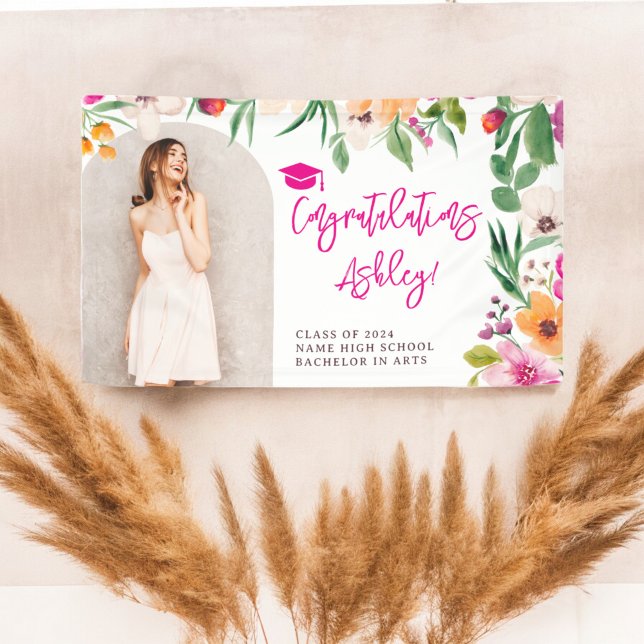 Helle Wildblumen Rosa Abschluss Glückwunsch Banner (Bright wildflowers pink floral graduation congrats banner)
