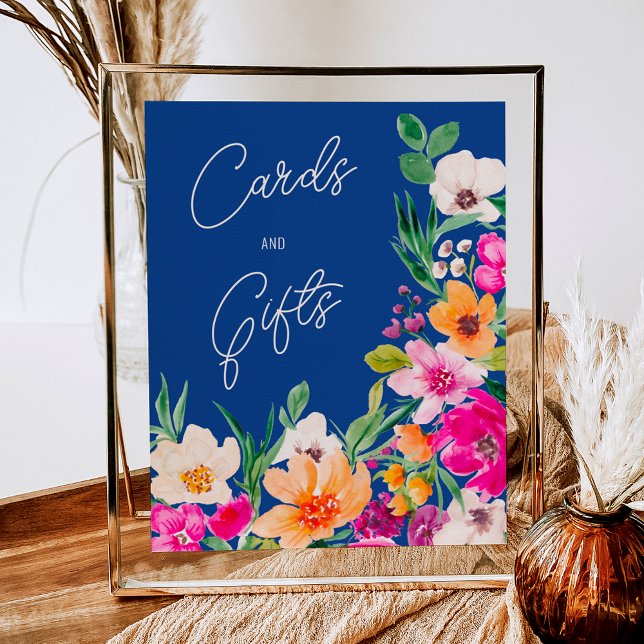 Helle, wilde Blume begrüßen Brautparty Poster (Bright bold wild flowers welcome bridal shower poster on blue)