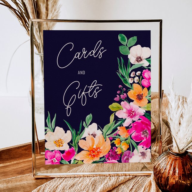 Helle, wilde Blume begrüßen Brautparty Poster (Bright bold wild flowers welcome bridal shower poster on navy blue)