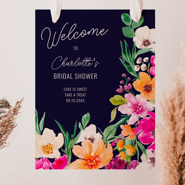 Helle, wilde Blume begrüßen Brautparty Poster (Bright bold wild flowers welcome bridal shower poster on navy blue)