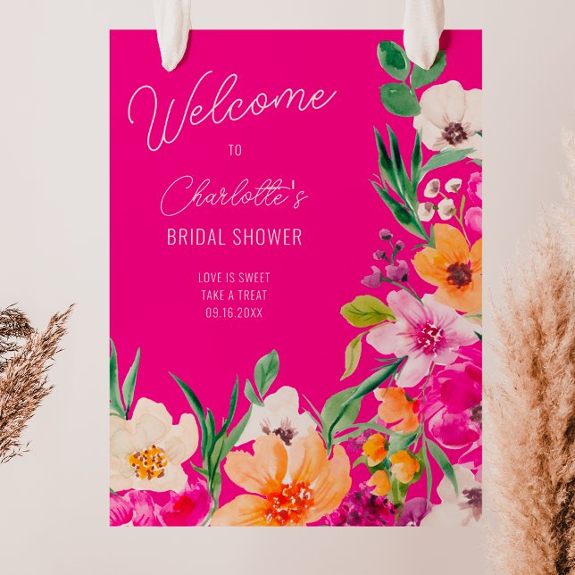 Helle, wilde Blume begrüßen Brautparty Poster (Bright bold wild flowers welcome bridal shower poster on neon pink)