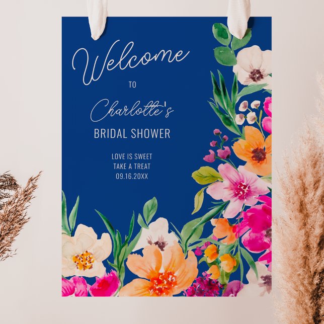 Helle, wilde Blume begrüßen Brautparty Poster (Bright bold wild flowers welcome bridal shower poster on blue)