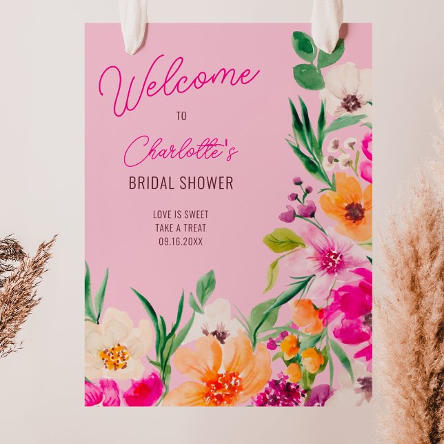 Helle, wilde Blume begrüßen Brautparty Poster (Bright bold wild flowers welcome bridal shower poster on pink)