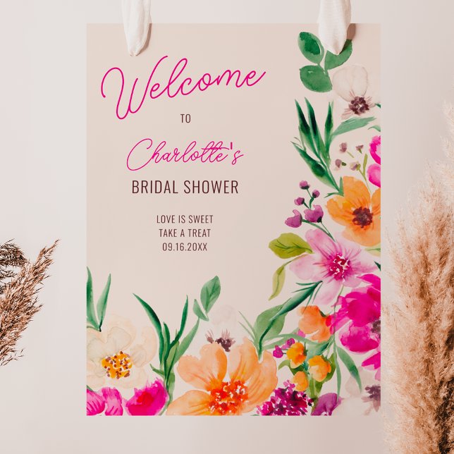 Helle, wilde Blume begrüßen Brautparty Poster (Bright bold wild flowers welcome bridal shower poster on ivory beige)