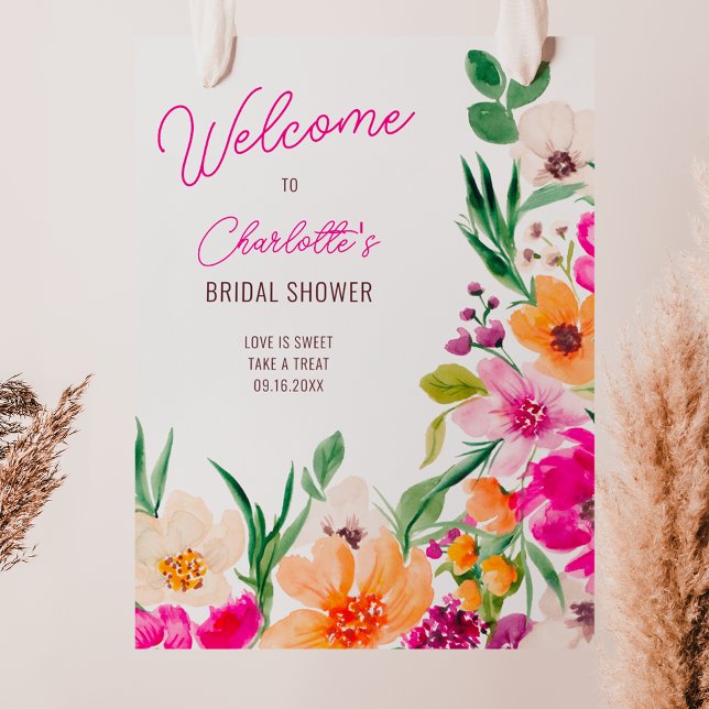 Helle, wilde Blume begrüßen Brautparty Poster (Bright bold wild flowers welcome bridal shower poster on white)